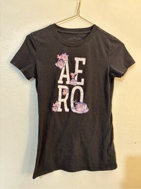 Aeropostale Black Short Sleeve Logo Tee with Purple Floral Accents